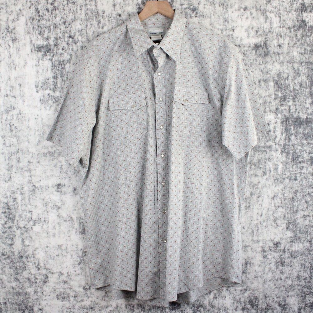Vintage Wrangler Wrancher 2XT Pearl Snap Western Gray Shirt Short Sleeve